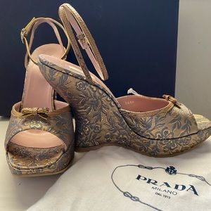 Prada Gold and Blue Wedges